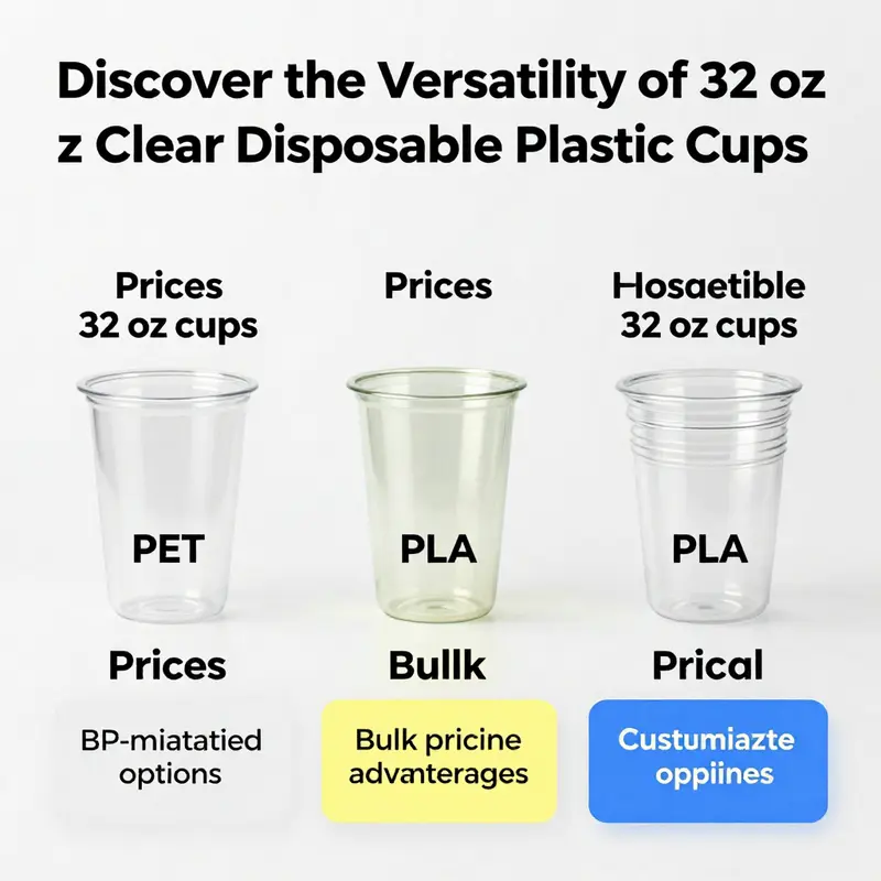 Different materials of 32 oz clear disposable plastic cups highlighting their unique properties.