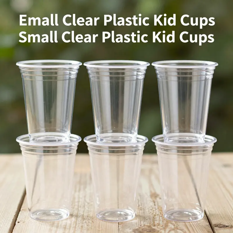 A view of the small clear plastic kid cups highlighting their 5 oz capacity and stackable design.