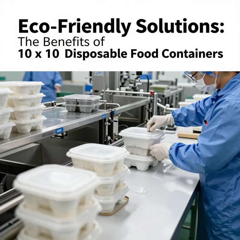 Showcasing eco-friendly 10 x 10 inch compostable food containers made from sugarcane fiber.