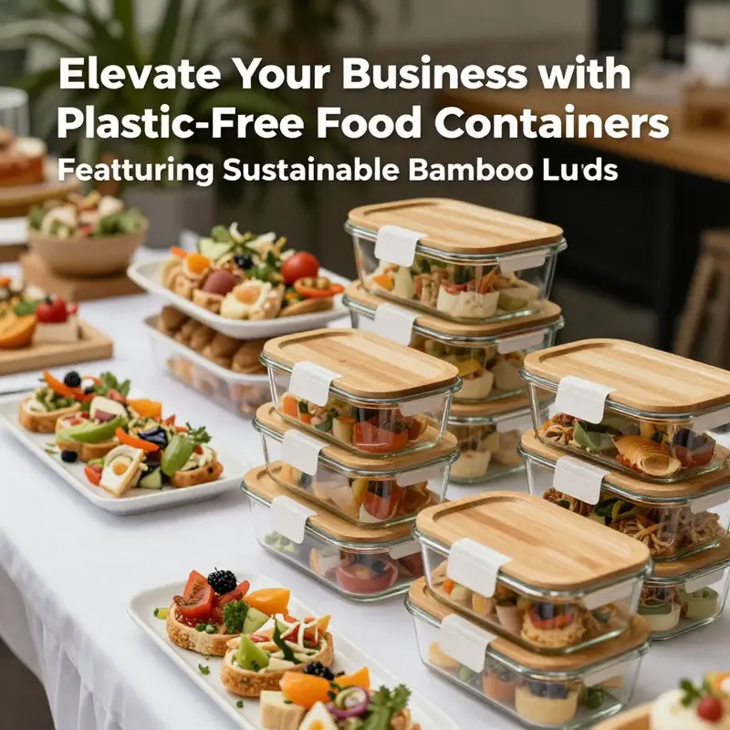 Various sizes of plastic-free glass food containers with natural bamboo lids on display.