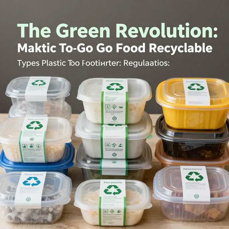 Different types of plastic to-go food containers highlighting their recycling symbols and classifications.
