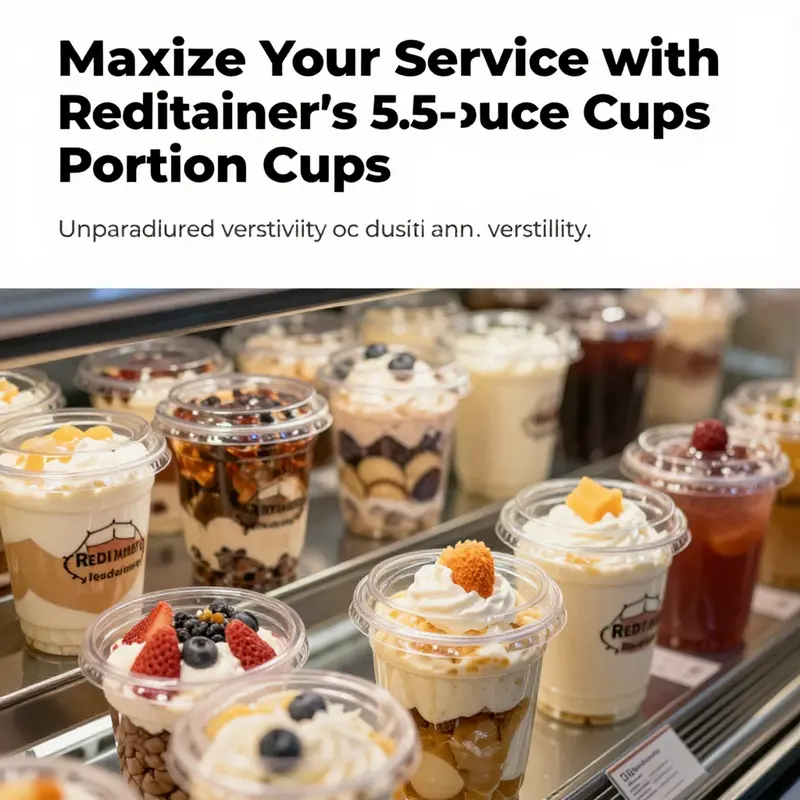 A vibrant display of Reditainer 5.5-ounce disposable cups filled with diverse beverages and desserts.