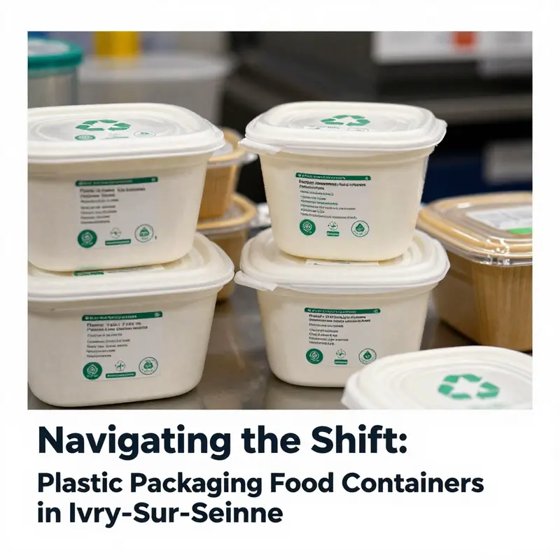 An overview of compliant food packaging showcasing eco-labels and regulations in Ivry-sur-Seine.