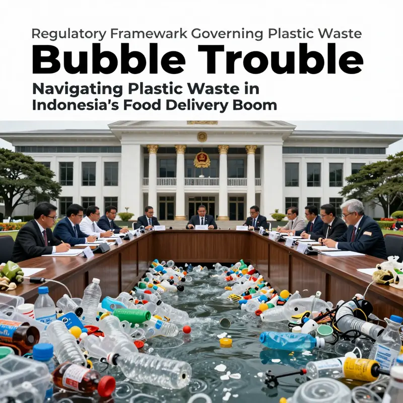 An urban scene depicting the growing trend of food delivery services in Indonesia amidst increasing plastic waste concerns.