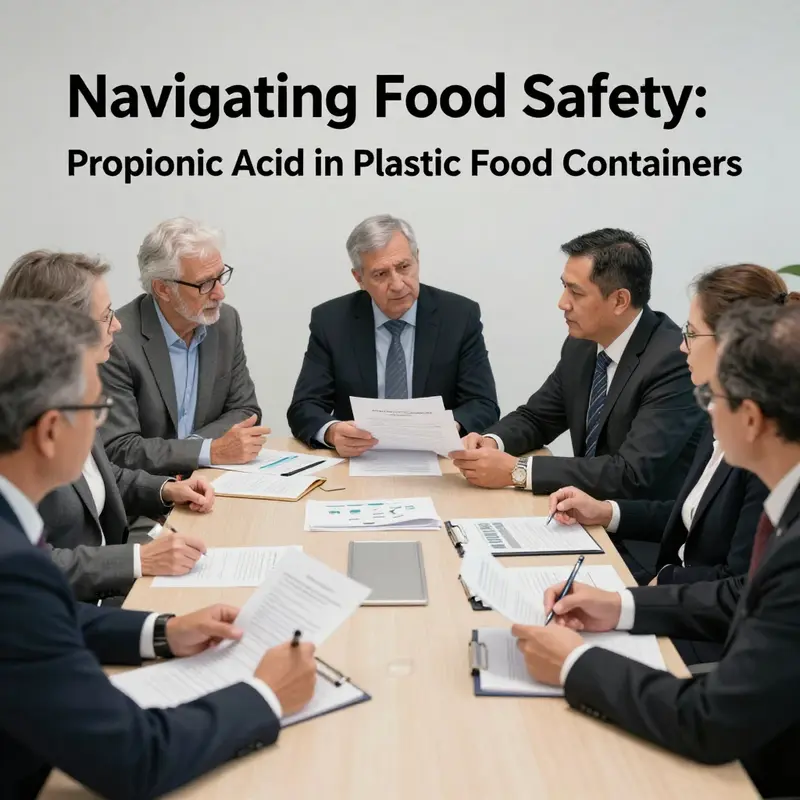 Plastic food containers labeled with propionic acid as a preservative for food safety.