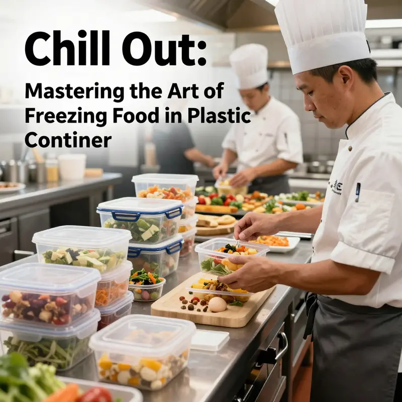 Chefs in a restaurant kitchen utilizing plastic containers for safely freezing food.