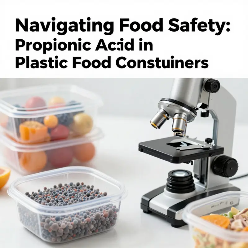 Plastic food containers labeled with propionic acid as a preservative for food safety.