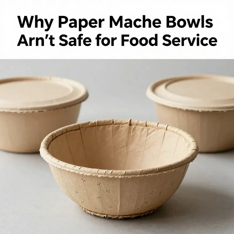 A side-by-side comparison of paper mache and food-safe containers highlighting safety issues.