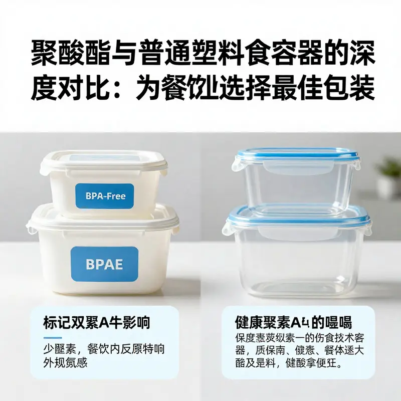 聚碳酸酯与普通塑料容器的特性对比，突出聚碳酸酯的透明度与耐热性。