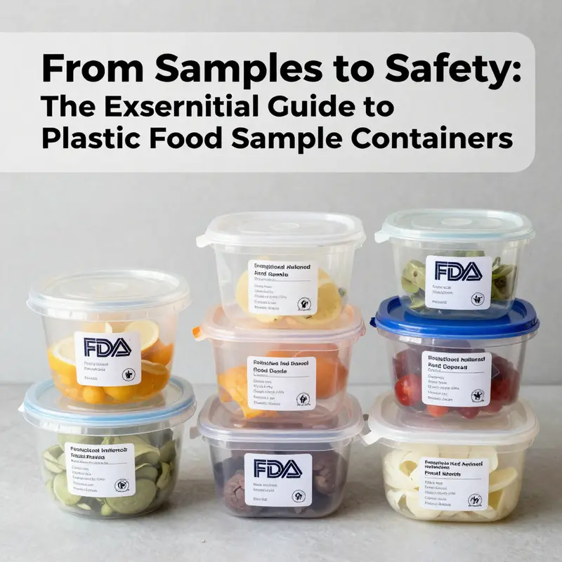 Different plastic food sample containers showcasing their safety certifications and compliance with regulations.