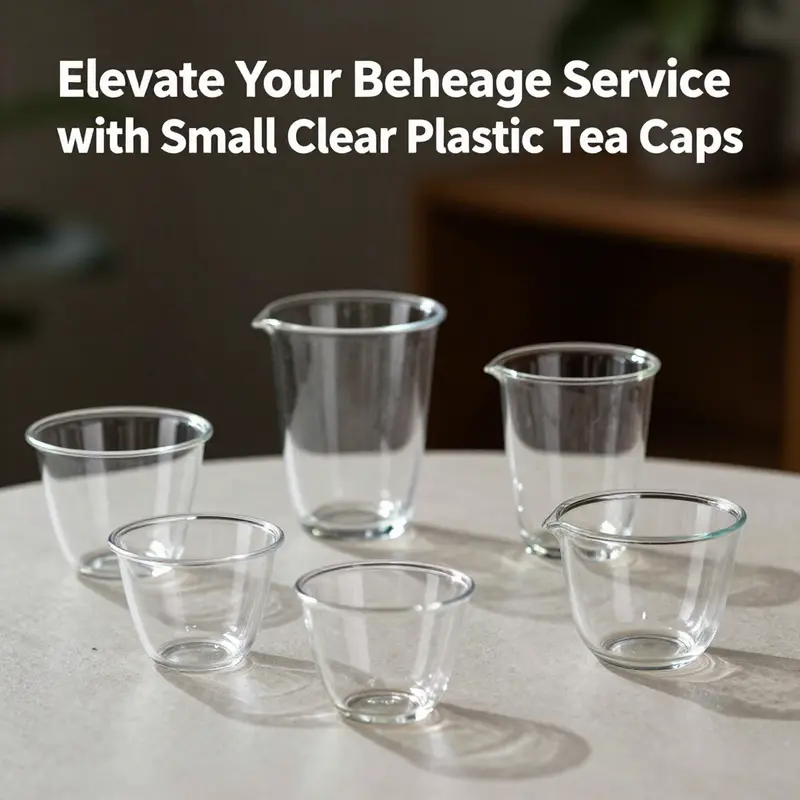 An array of small clear plastic tea cups in varying sizes, perfect for showcasing beverages.