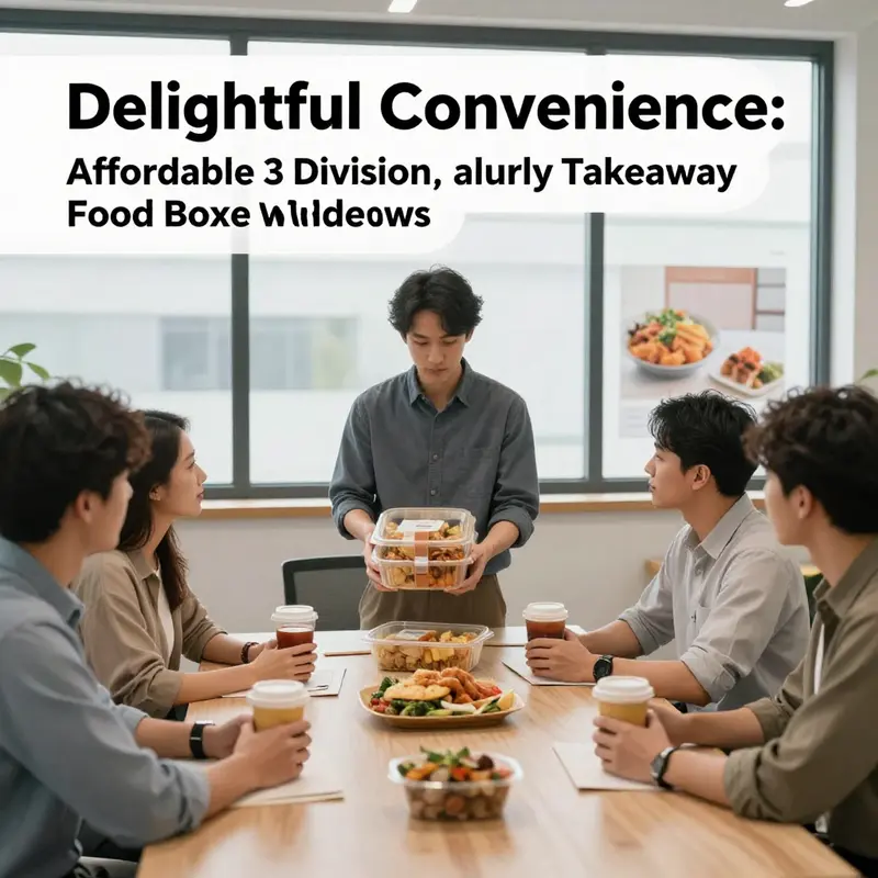 A lively marketplace showcasing various styles of 3-division takeaway food boxes with windows.