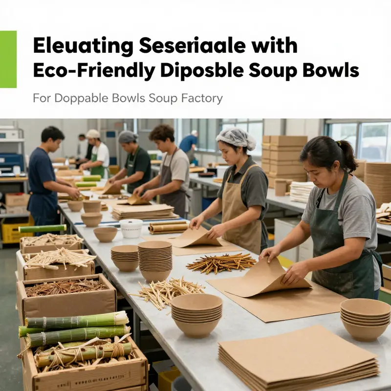 Workers at the factory handle sustainable materials, highlighting the sourcing of eco-friendly ingredients for disposable bowls.