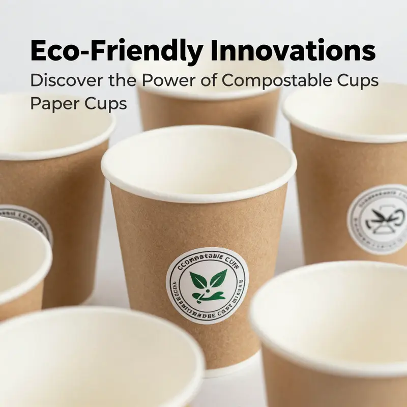 A range of compostable cups displayed in a vibrant café setting.