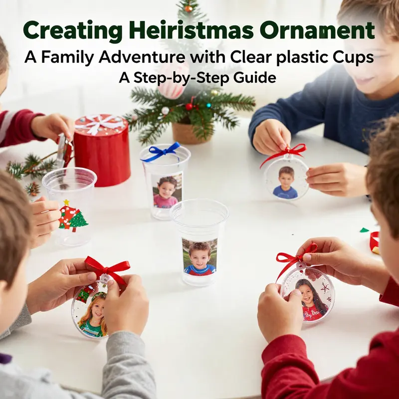 Kids engage in crafting personalized Christmas ornaments using clear plastic cups and their pictures.