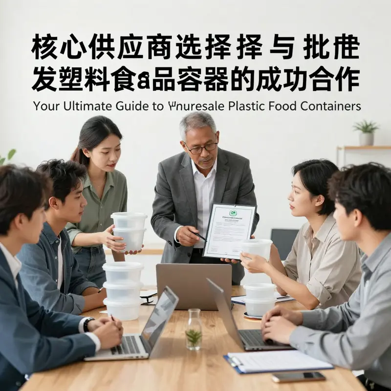 Business professionals collaborating on supplier selection for plastic food containers.