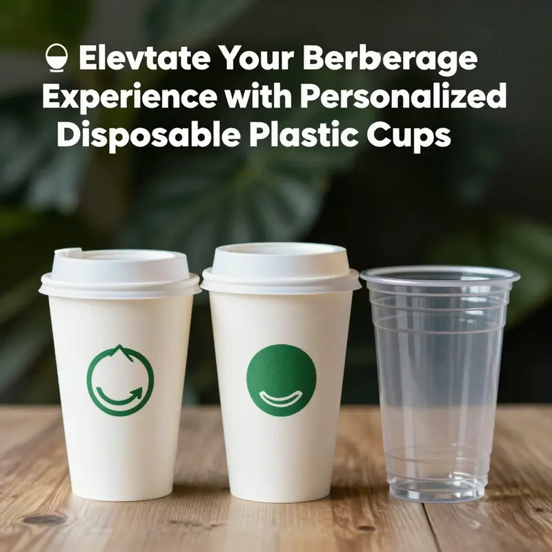 An array of personalized disposable plastic cups highlighting branding and beverage variety.