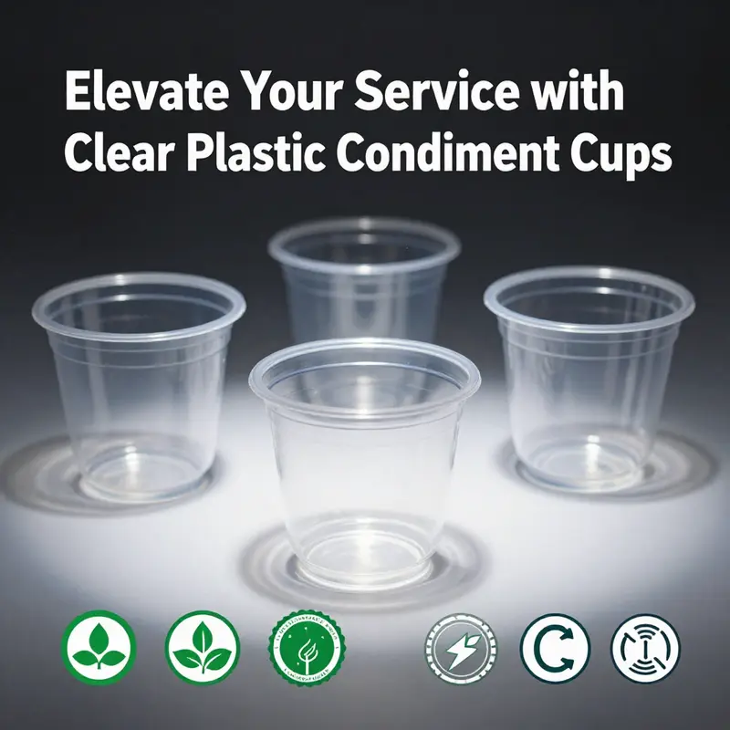 An assortment of clear plastic condiment cups showcasing vibrant sauces and dips, highlighting their design and functionality.