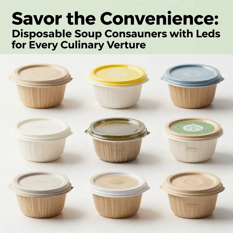 Showcasing various types of disposable soup containers emphasizing their quality and eco-friendly materials.
