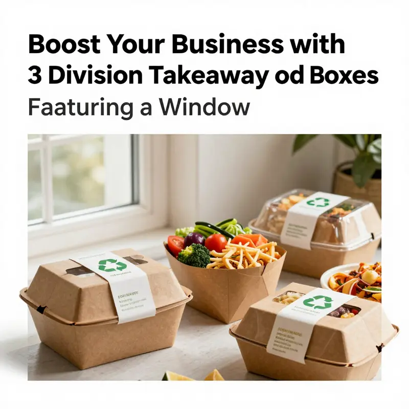 Highlighting the attractive design and food presentation of a 3-division takeaway food box.