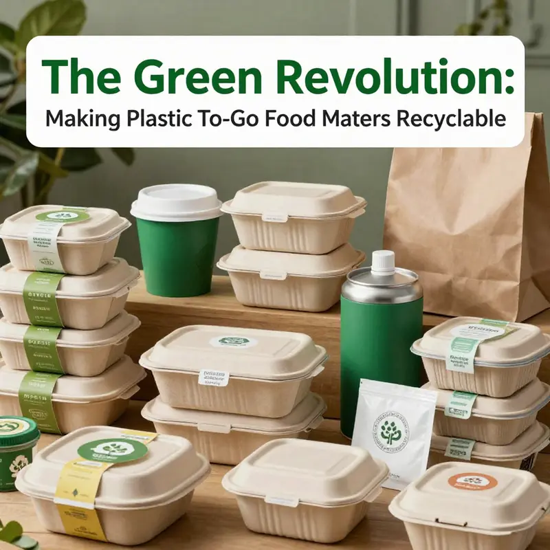 Different types of plastic to-go food containers highlighting their recycling symbols and classifications.