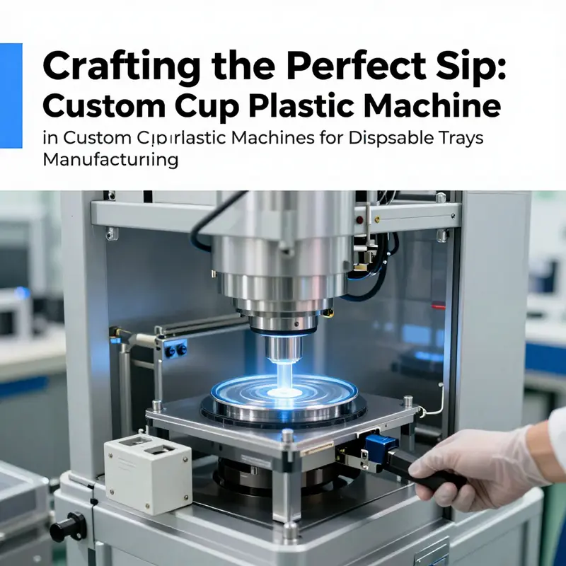 Advanced specifications of a custom cup plastic machine being inspected in a manufacturing environment.