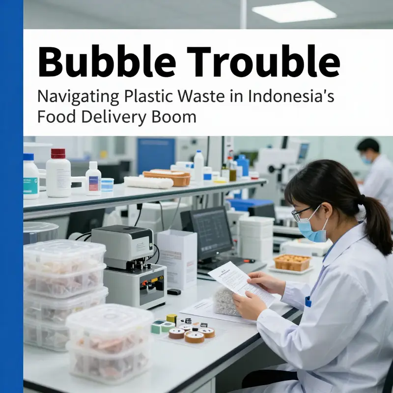 An urban scene depicting the growing trend of food delivery services in Indonesia amidst increasing plastic waste concerns.