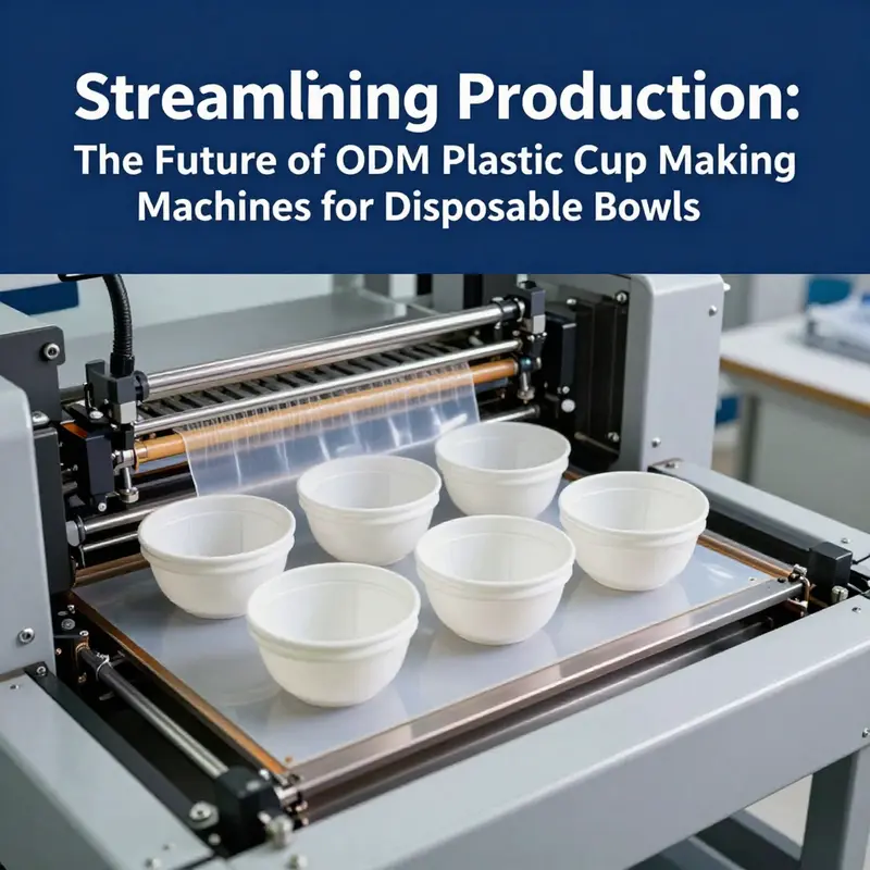 A thermoforming machine efficiently producing disposable bowls from heated plastic sheets.
