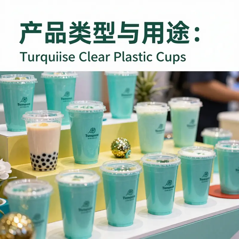 A vibrant display of turquoise clear plastic cups at a beverage event, perfect for a variety of drinks.