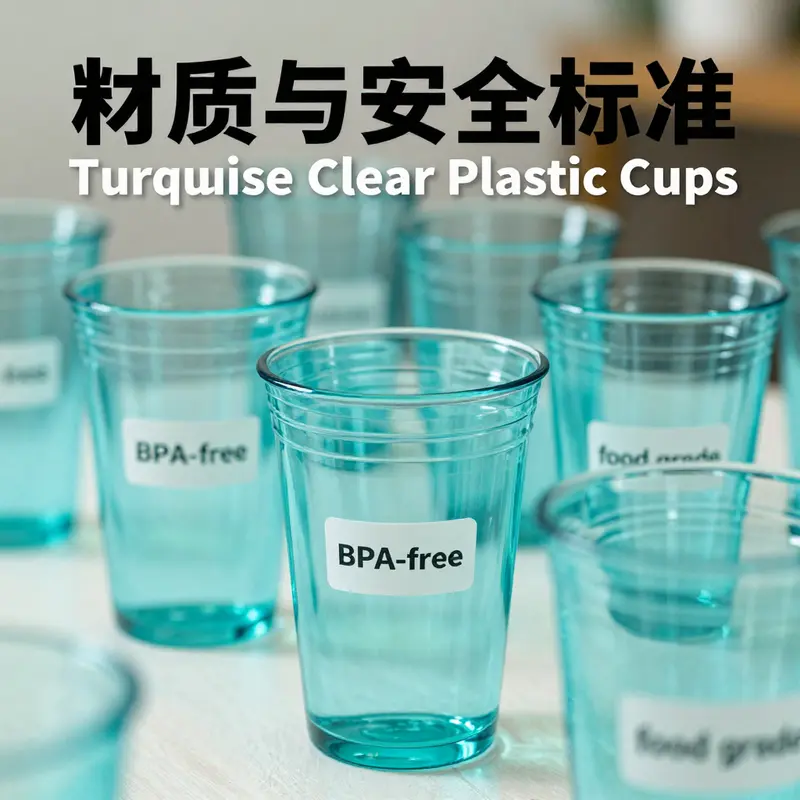 A vibrant display of turquoise clear plastic cups at a beverage event, perfect for a variety of drinks.