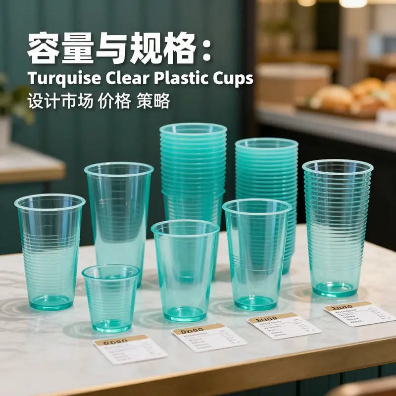 A vibrant display of turquoise clear plastic cups at a beverage event, perfect for a variety of drinks.