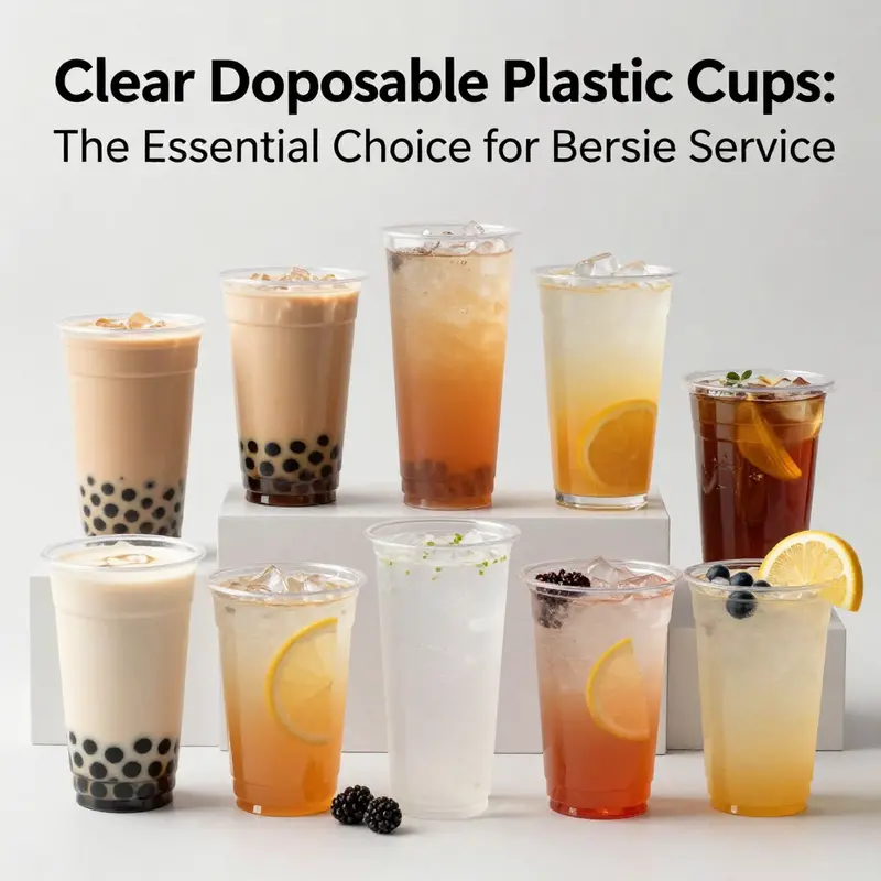 Diverse clear disposable plastic cups showcasing their styles and the vibrant drinks they can hold.
