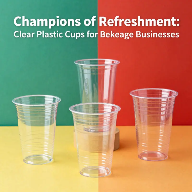 Variety of clear plastic cups in different sizes and styles, perfect for various beverages.