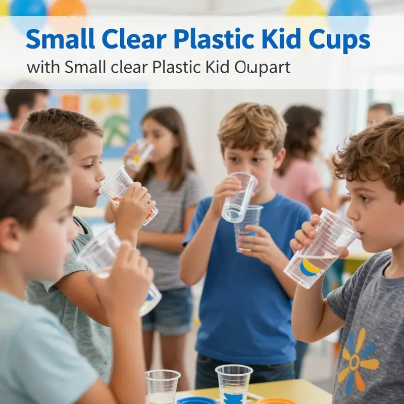A view of the small clear plastic kid cups highlighting their 5 oz capacity and stackable design.