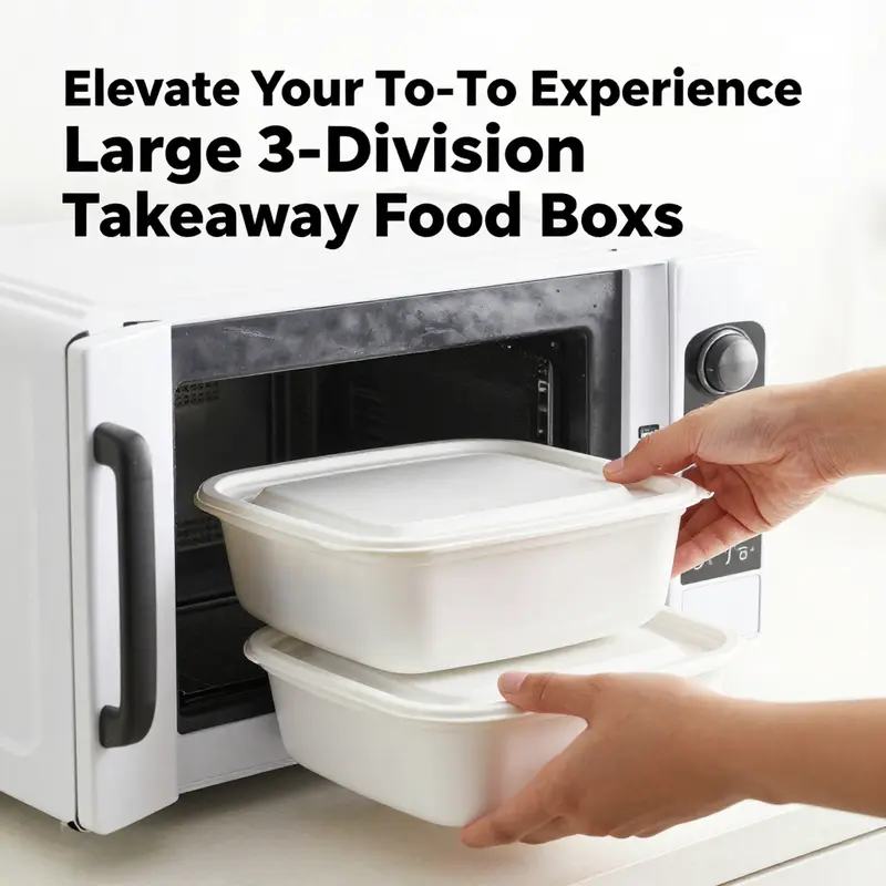 A well-prepared meal displayed in a large 3 division takeaway food box, ideal for restaurants and catering services.