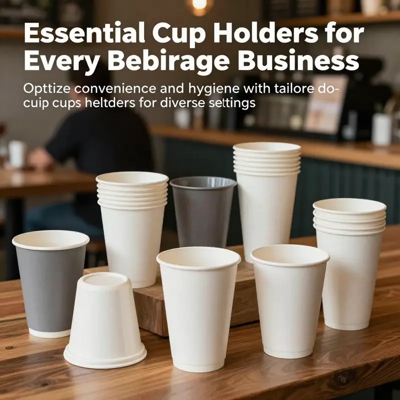 An array of plastic disposable cup holders in a café, representing various styles and functional designs.