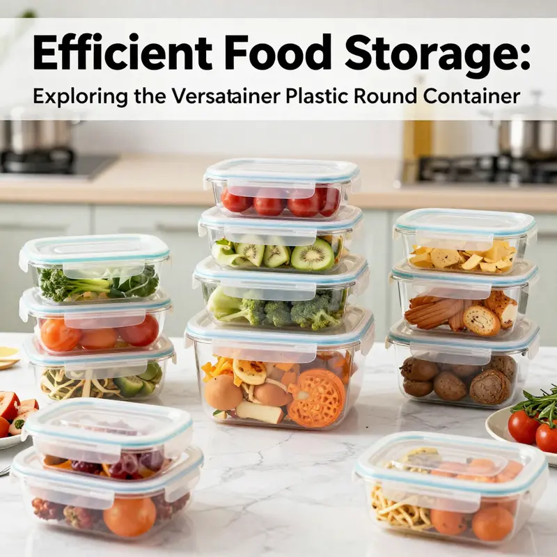 Collage of Versatainer round food containers displaying an assortment of foods, set against a backdrop of a food service environment.