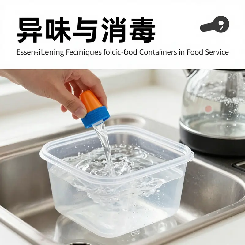 Demonstrating the correct method of cleaning plastic food containers using warm water and mild detergent.