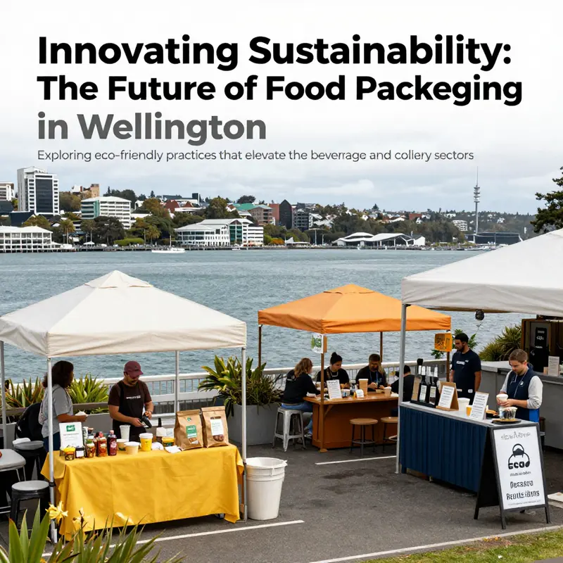 Scenic view of Wellington's waterfront featuring food vendors using eco-friendly packaging.