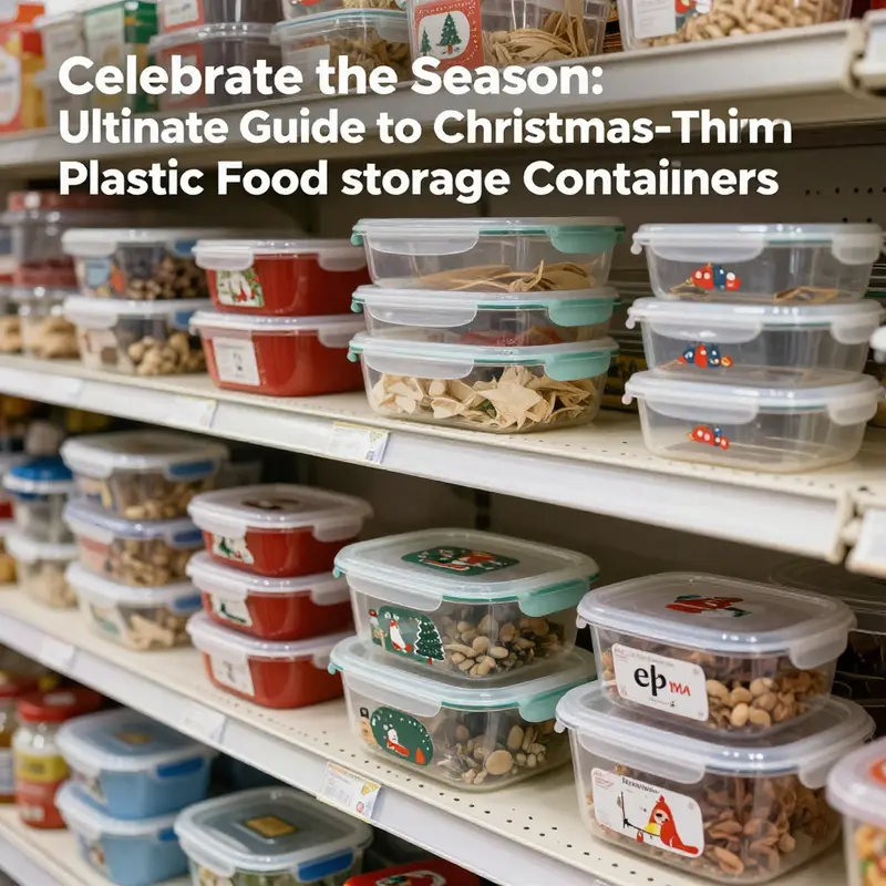 A collection of Christmas-themed plastic food storage containers featuring delightful holiday designs.