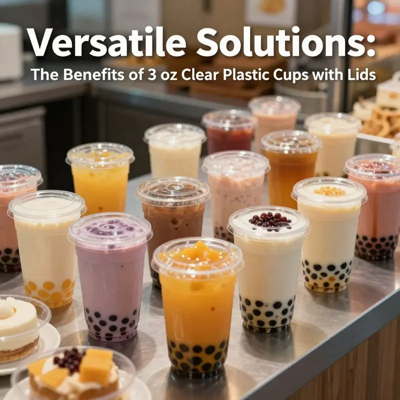 A display of 3 oz clear plastic cups showcasing their versatility in serving bubble tea and desserts.