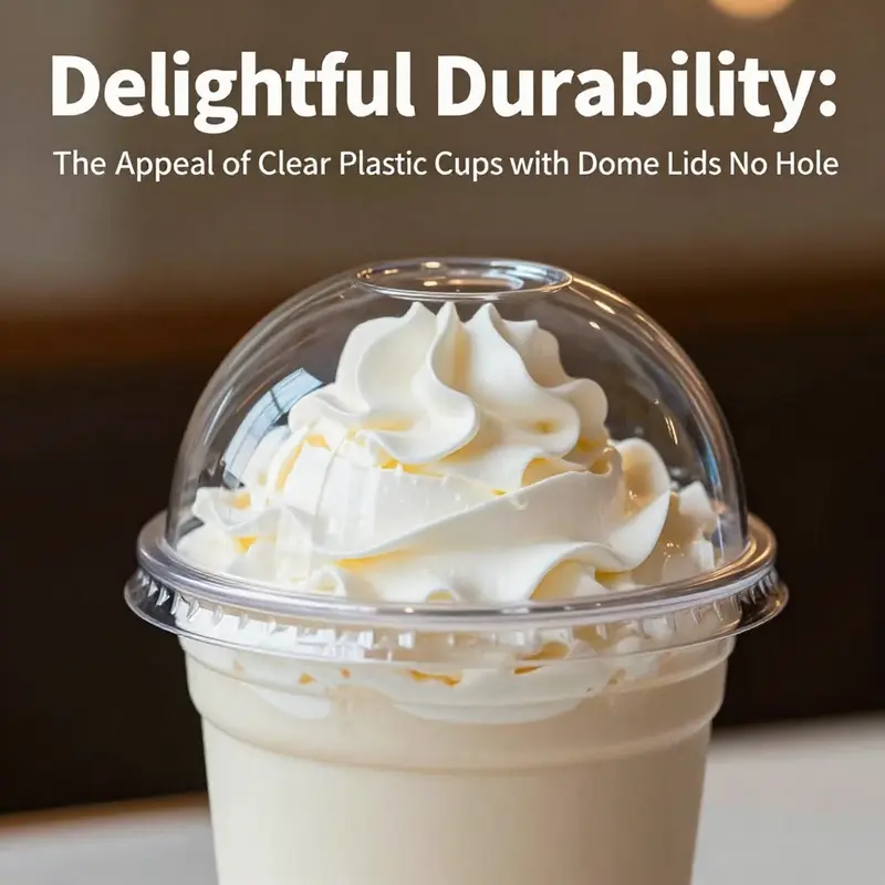 Clear plastic cups with dome lids elegantly presenting various beverages at a café.