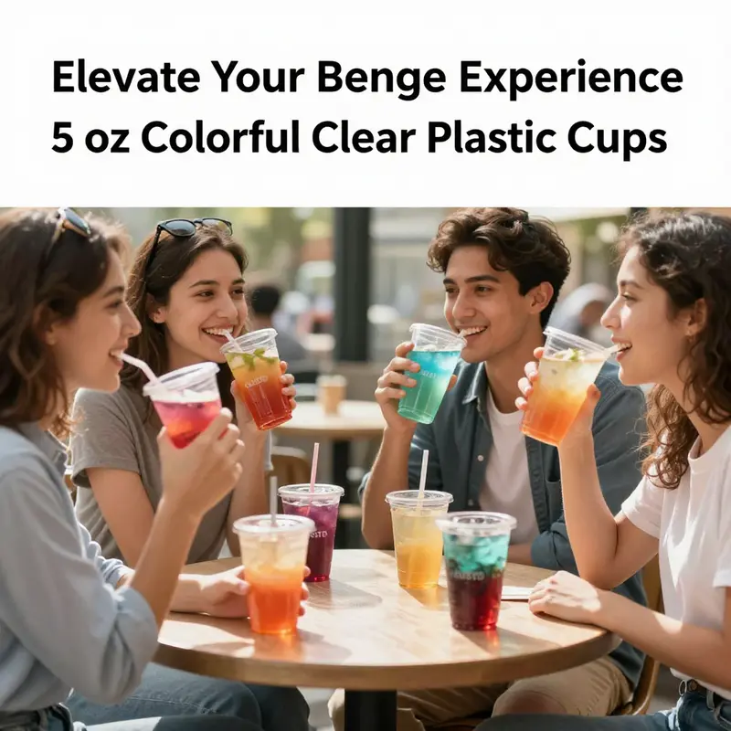 GUSTO 5 oz Colorful Clear Plastic Cups highlighting their crystal-clear design and colorful appeal in a beverage display.