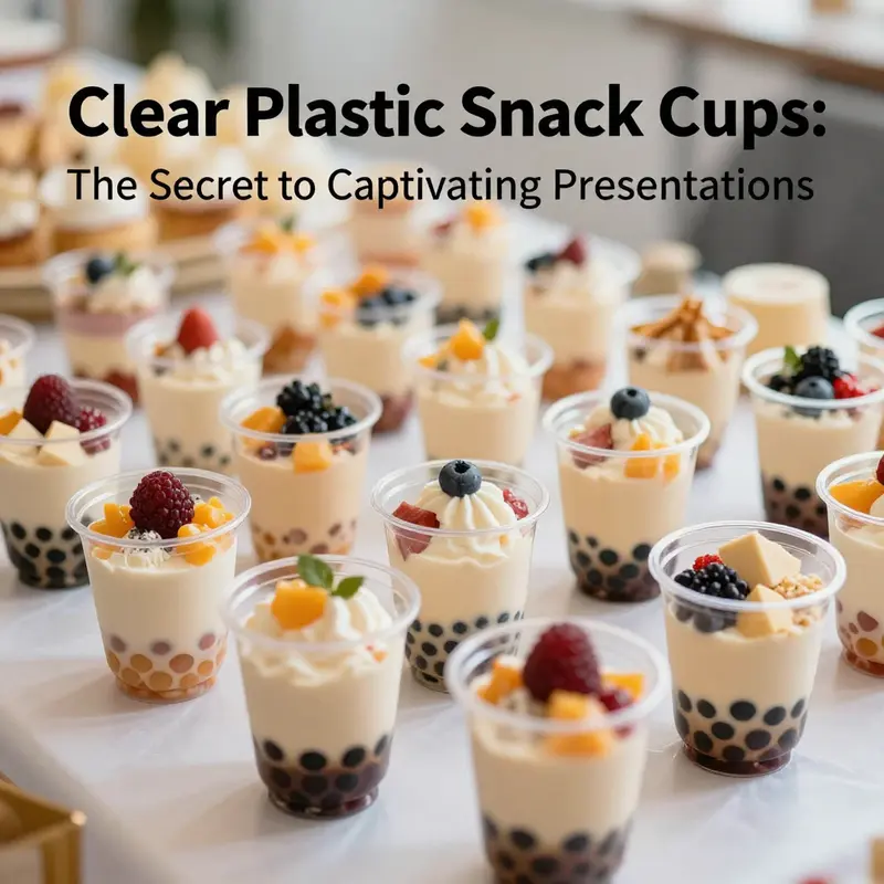 Clear plastic snack cups elegantly showcasing vibrant treats, enhancing event aesthetics.