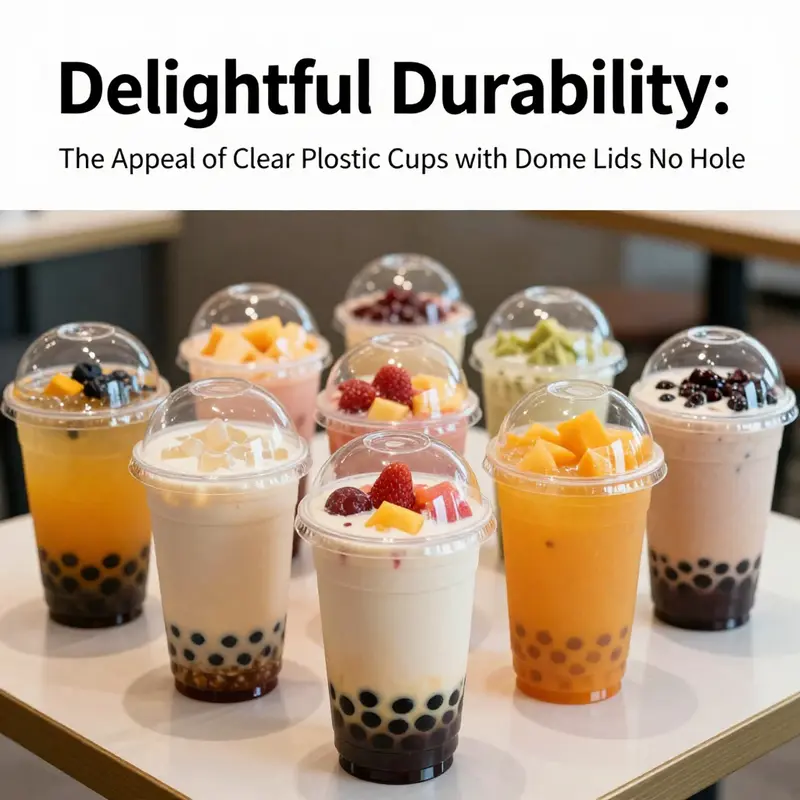 Clear plastic cups with dome lids elegantly presenting various beverages at a café.