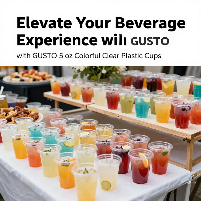 GUSTO 5 oz Colorful Clear Plastic Cups highlighting their crystal-clear design and colorful appeal in a beverage display.