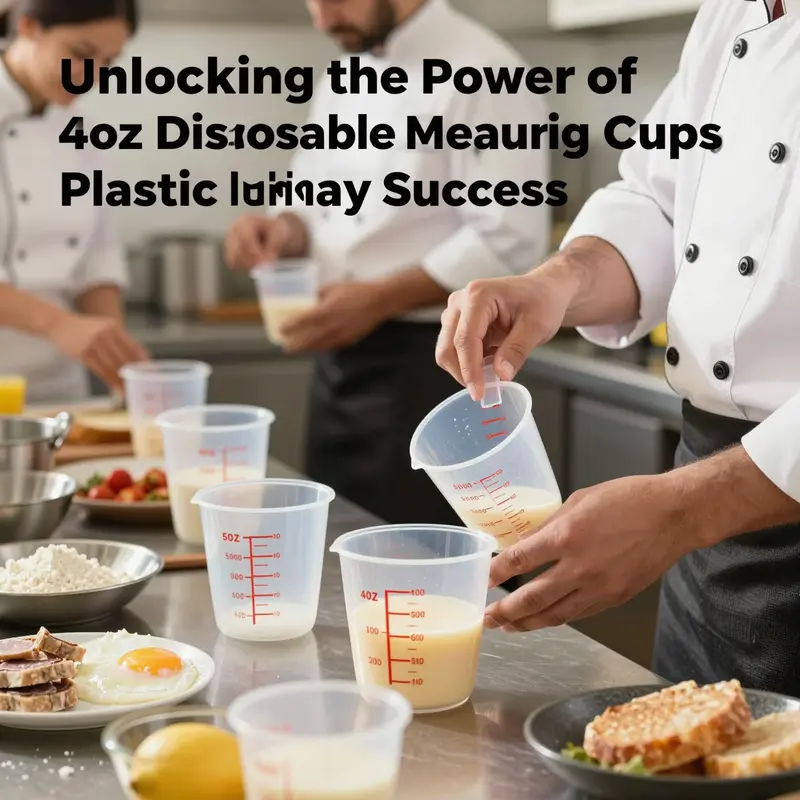 Chefs efficiently using 4oz disposable measuring cups in a professional kitchen for precise ingredient measurement.