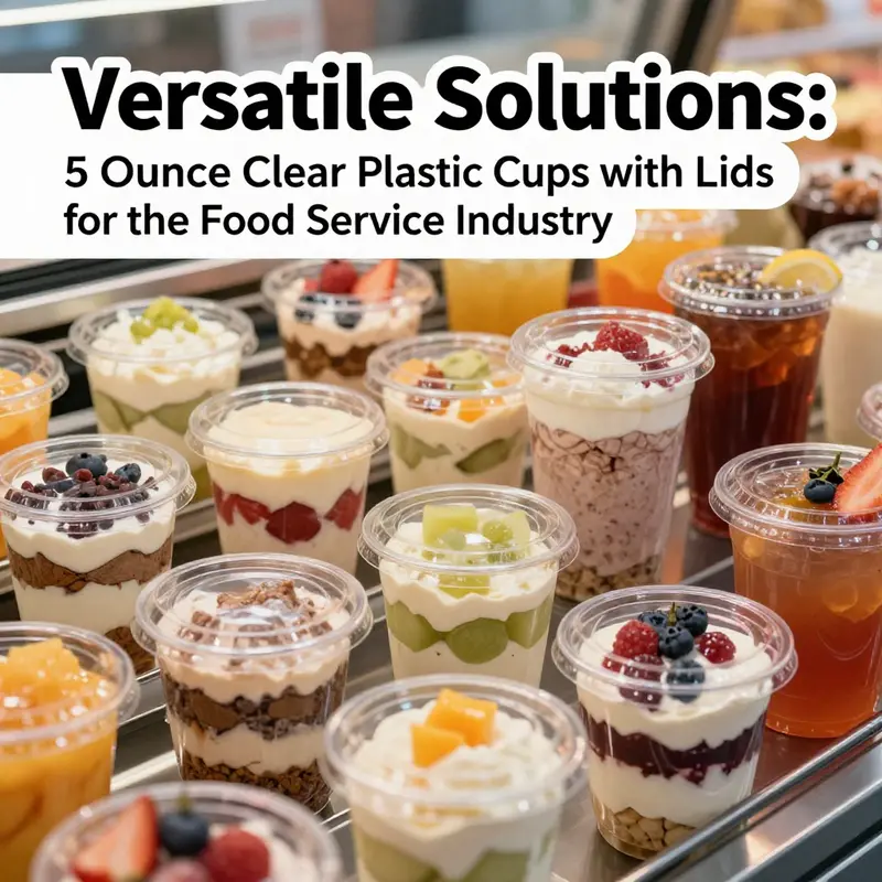 Various 5 ounce clear plastic cups filled with desserts and refreshments demonstrate their applications in the food service industry.
