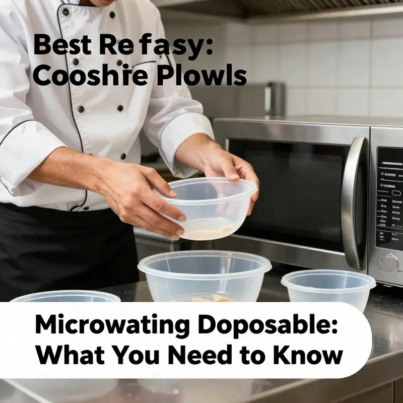 A selection of disposable plastic bowls showing different recycling numbers and microwave-safe labels.