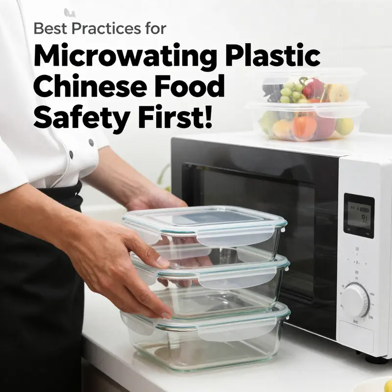 Various plastic Chinese food containers highlighting safety labels.